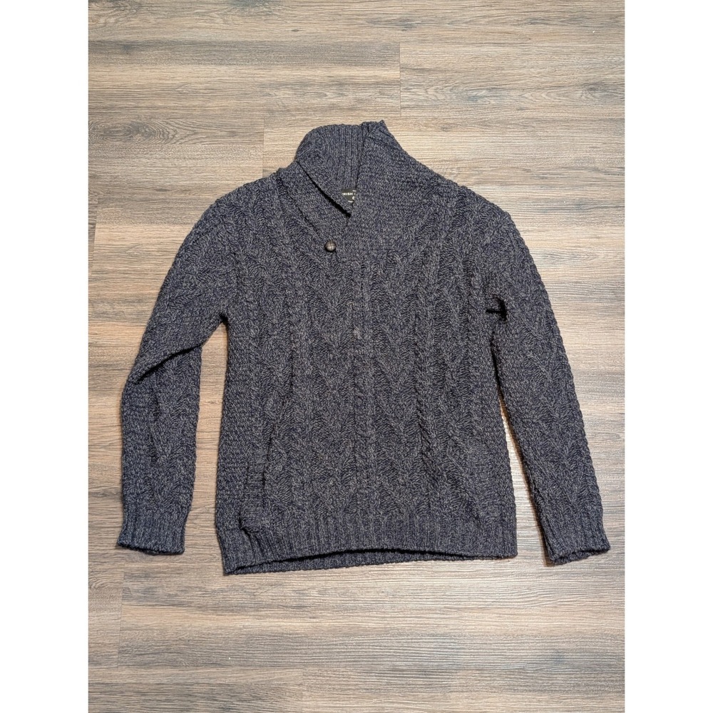The Irish Store Mens Merino Wool Aran Cable Knit Shawl Collar Sweater Blue M